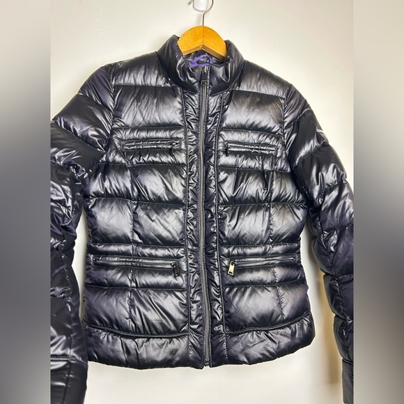 Y2K Bebe Down Puffer Bomber Jacket Women's Sp Black Shiny Purple inside pocket - Picture 4 of 16